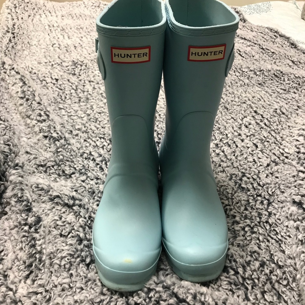 Turquoise Hunter rain boots mid-calf